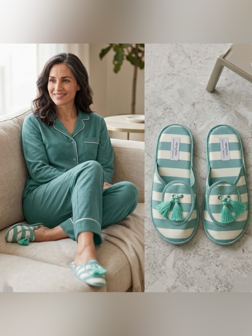 Aquazzura women’s lounge slippers in an aqua-green and white striped design.